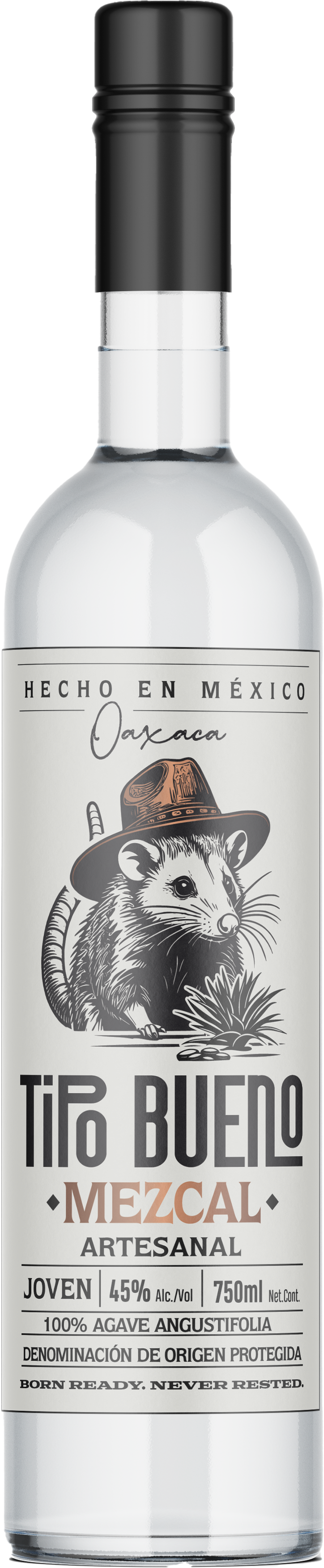 Tipo Bueno bottle showing the artisanal mezcal label