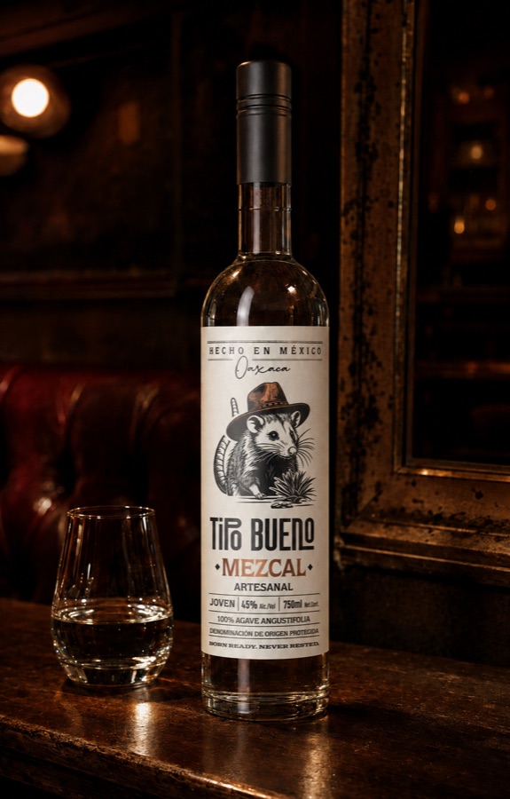 A Tipo Bueno bottle and a tasting glass on a dark wooden bar under warm evening light.