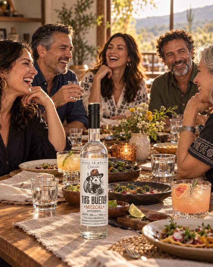 A Tipo Bueno bottle on a dinner table with food, cocktails, and neat pours as a group of adult friends laugh together.
